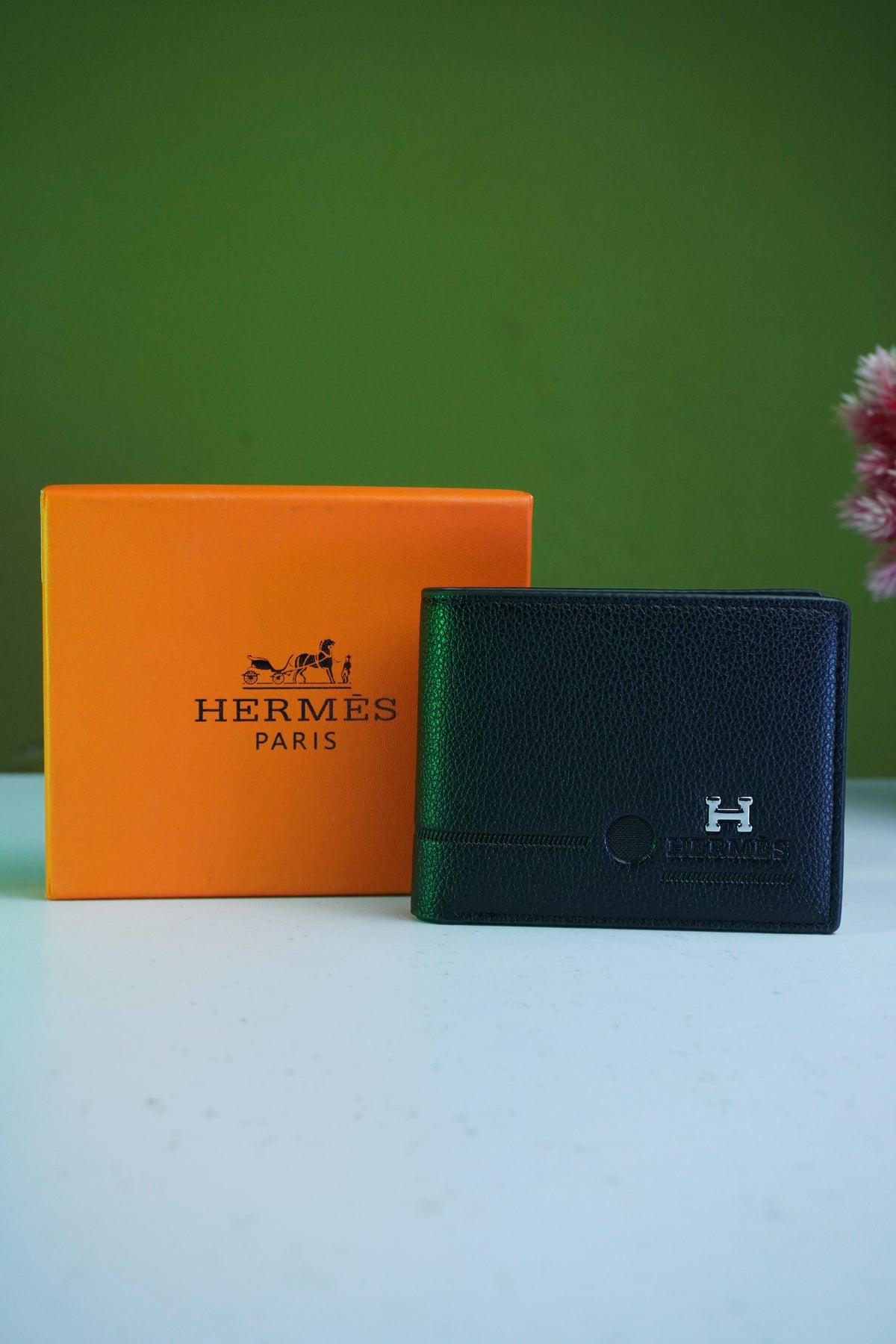 Hermès Black Pebbled Leather Men's Bifold Wallet